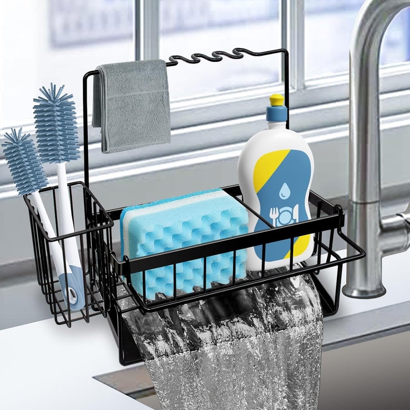 Yazoni Sponge Holder for Kitchen Sink, Rustproof Kitchen Sink Organizer Countertop Holder with High Brush Holder, Multifunctional Soap Dispenser Kitchen Organizers and Storage Essentials - Image 1